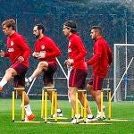 Griezmann, Juanfran, Filipe Luis y Tiago, en un entrenamiento de los rojiblancos en Majadahonda: el francés será el gran protagonista en Anoeta