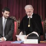 El conseller de Educación, Vicent Marzà, junto al rector de la UV, Esteban Morcillo, durante el acto de apertura