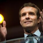 El candidato a presidir el Partido Popular Pablo Casado, durante el acto por la libertad, esta mañana en Madrid.- EFE/Luca Piergiovanni