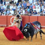 Joaquín Galdós da un derechazo, esta tarde, en Sevilla Fotos: Manuel Olmedo