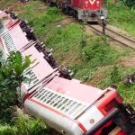 El tren descarrilado y volcado