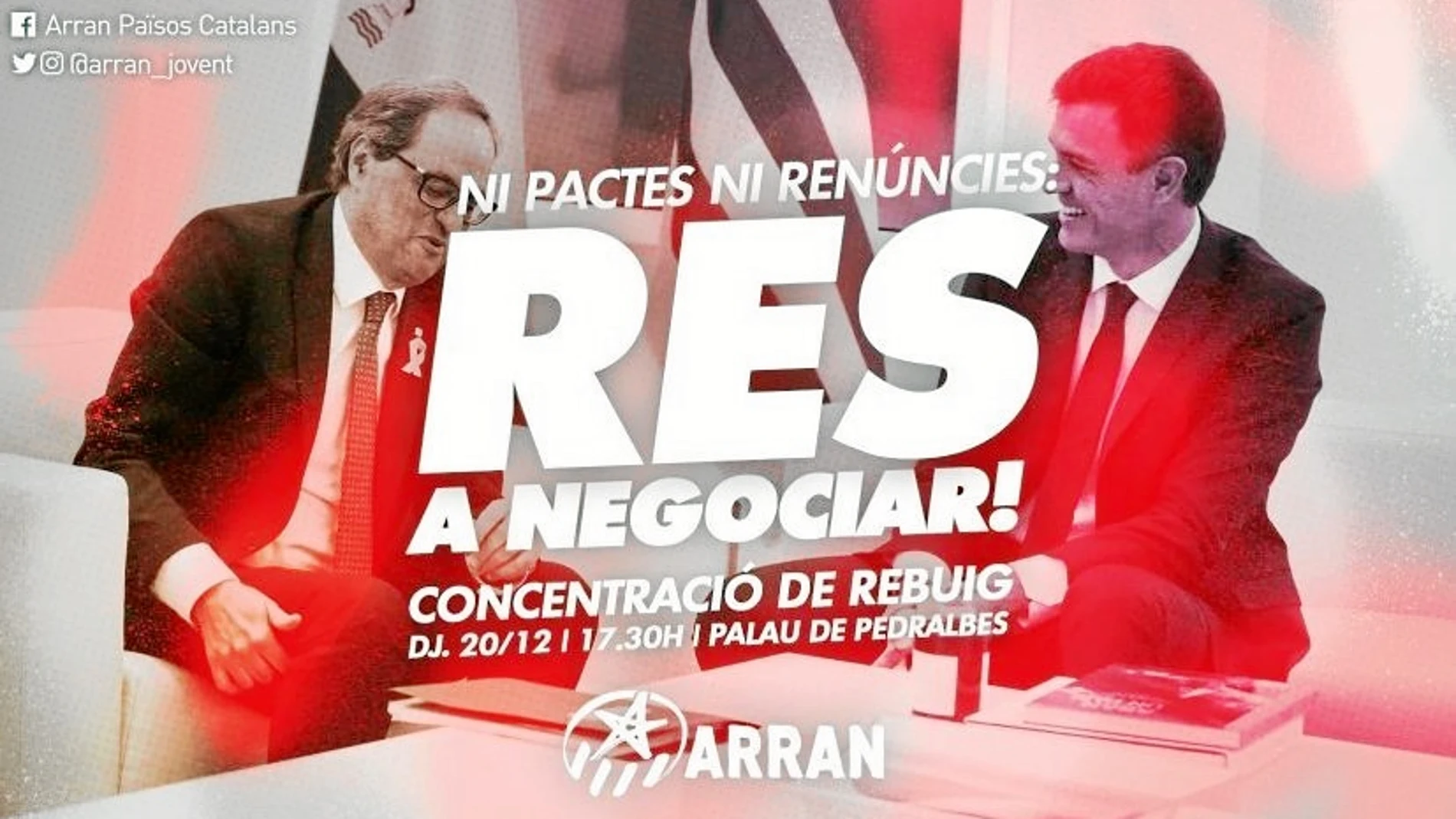 El colectivo juvenil independentista Arran, vinculado a la CUP, ha convocado para hoy en Barcelona una protesta contra la reunión de Sánchez y Torra