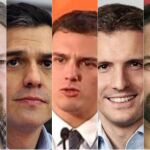 De izquierda a derecha: Pablo Iglesias (Podemos), Pedro Sánchez (PSOE), Albert Rivera (Ciudadanos), Pablo Casado (PP) y Santiago Abascal (VOX)