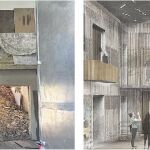 La imagen de la izquierda es la situación actual del palacio, del que han desaparecido varias estancias. A la derecha, el diseño por ordenador del estudio de arquitectos