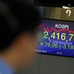 Una pantalla muestra información bursátil en el KEB Hana Bank en Seúl (Corea del Sur)