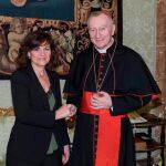La vicepresidenta del Gobierno, ministra de la Presidencia, Relaciones con las Cortes e Igualdad, Carmen Calvo, ha mantenido esta mañana una reunión con el secretario de Estado vaticano, Pietro Parolin, en la Ciudad del Vaticano / Foto: Efe