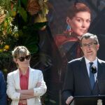 El alcalde José Ballesta durante el acto de presentación del programa de las Fiestas de Primavera, junto a la actriz murciana, Marta Nieto y el concejal de Cultura. LA RAZÓN