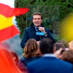 El presidente del PP y candidato a la Presidencia del Gobierno, Pablo Casado, durante su participación en un acto público en Toledo