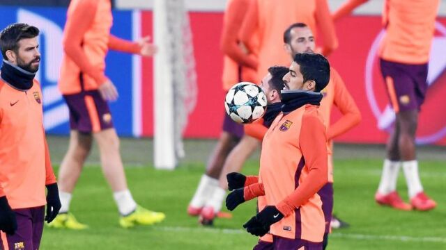 Luis Suárez entrenándose ayer
