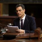 El presidente del Gobierno, Pedro Sánchez, sube al estrado de hemicíclo de la Cámara baja donde comparece a petición propia / foto: Efe