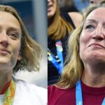 Paqui García, (dch), madre de Mireia Belmonte, (izq), se emociona mientras asiste a la ceremonia en la que su hija recoge la medalla de bronce