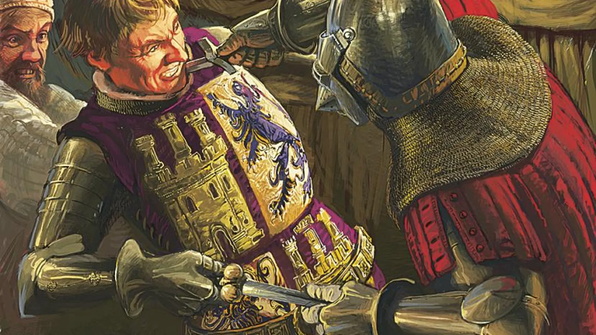 Enrique de Trastámara apuñada a Pedro I de Castilla, imagen de portada de la revista «Desperta Ferro Antigua y Medieval n.º 44: Pedro I el Cruel». © Radu Oltean/Desperta ferro Ediciones.