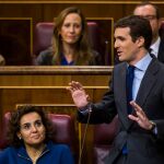 El líder del PP, Pablo Casado, durante su intervención en la penúltima sesión de control de la legislatura en el Congreso