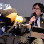 Carles Puigdemont en la rueda de prensa de esta mañana