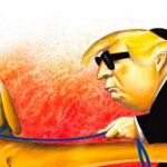 El presidente estadounidense, Donald Trump, representado como un ciego guiado por un perro cuya cara es la de Benjamin Netanyahu, el primer ministro israelí