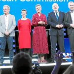 Los candidatos a la presidencia de la Comisión Europea: Jan Zahradil, Nico Cué, Ska Keller, Margrethe Vestager, Frans Timmermans y Manfred Weber, ayer en el Parlamento Europeo