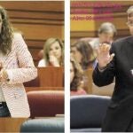 La socialista Ana Muñoz de la Peña, junto a José Francisco Martín, y el consejero Antonio Silván -flanqueado por Cristina Ayala y Villanueva-, en el pleno