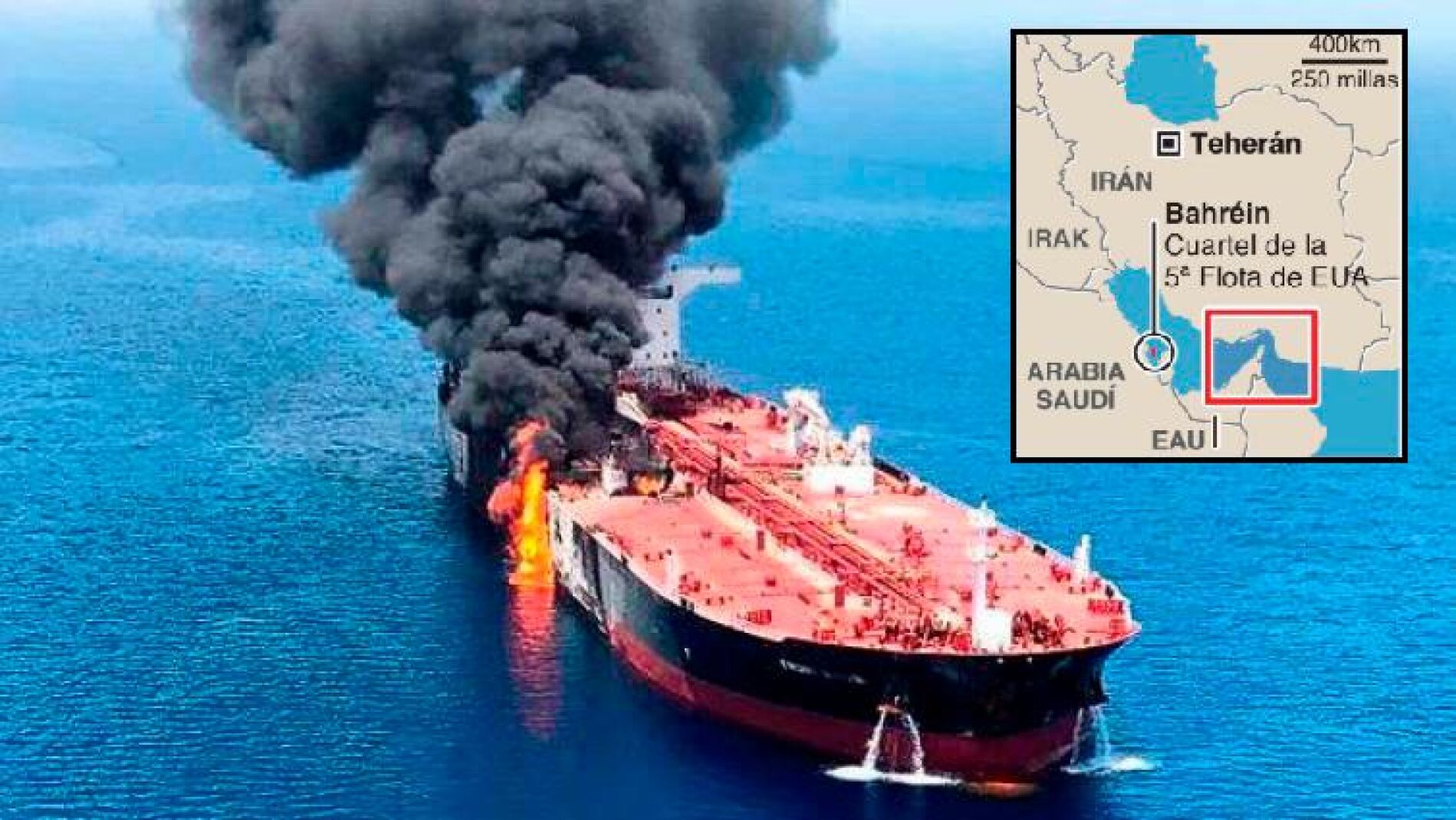 Uno de los petroleros atacados hoy arde en el Estrecho de Omán/Reuters