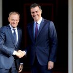 El presidente del Gobierno en funciones, Pedro Sánchez, con el presidente del Consejo Europeo, Donald Tusk, esta tarde en La Moncloa/Efe /Ballesteros