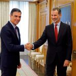 Felipe VI saluda al líder del PSOE, Pedro Sánchez en el Palacio de la Zarzuela. EFE/Juan Carlos Hidalgo ***POOL***
