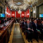 Los doce acusados, con Joaquim Forn, Oriol Junqueras y Raül Romeva (de izda. a dcha.), durante una de las sesiones del juicio celebrado en el Tribunal Supremo desde el pasado 12 de febrero