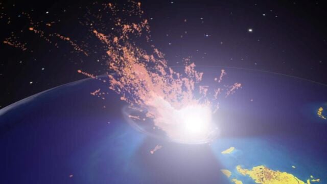 Recreación de un meteorito impactando la tierra en la etapa final de los dinosaurios hace 65 millones de años