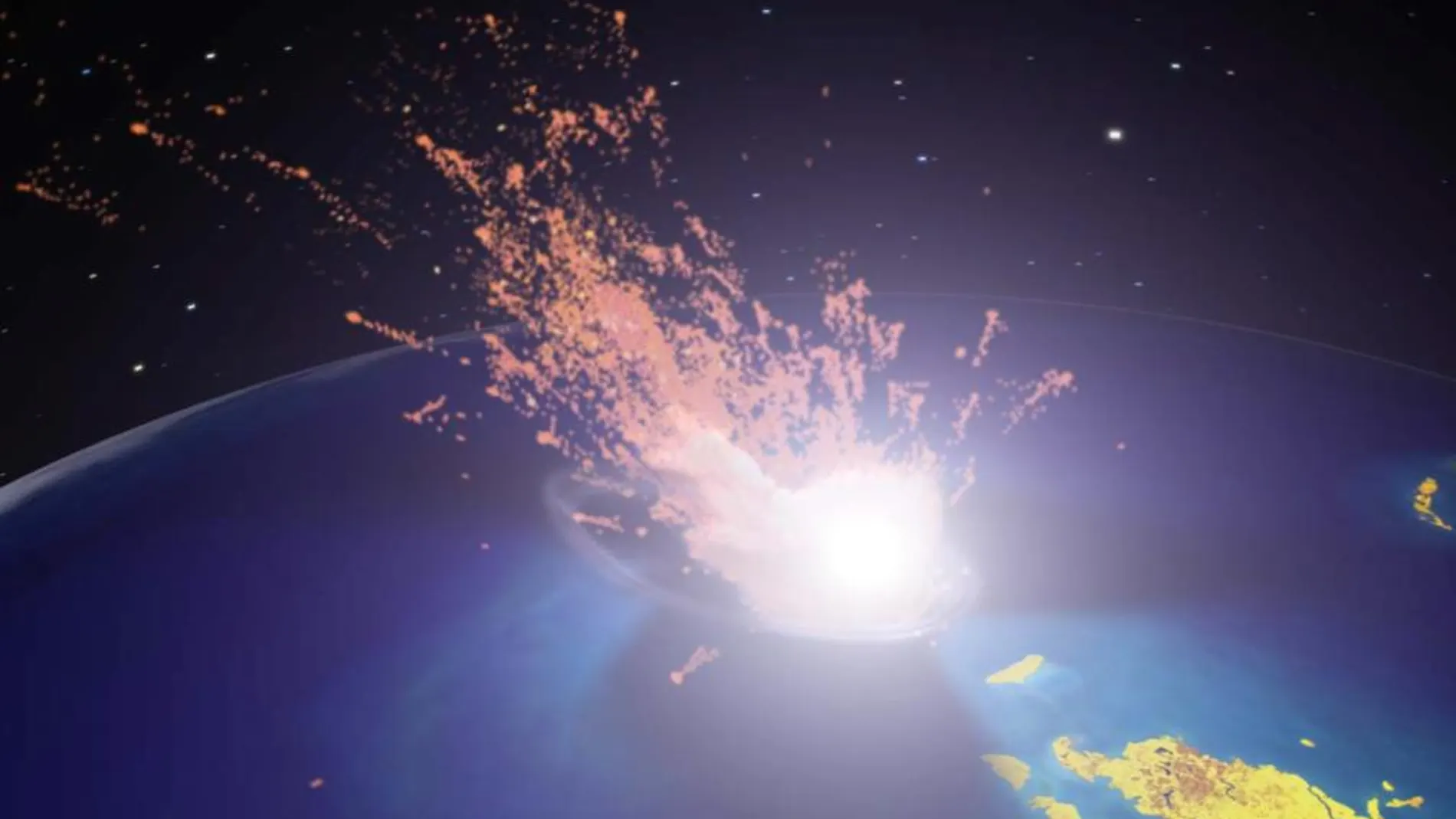 Recreación de un meteorito impactando la tierra en la etapa final de los dinosaurios hace 65 millones de años