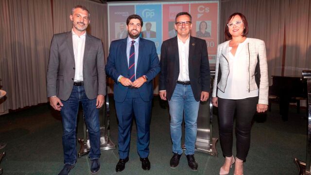 Los candidatos a la presidencia de la Región en las próximas elecciones autonómicas, de izquierda a derecha: Óscar Urralburu (Podemos), Fernando López Miras (PP), Diego Conesa (PSRM) e Isabel Franco (Cs)