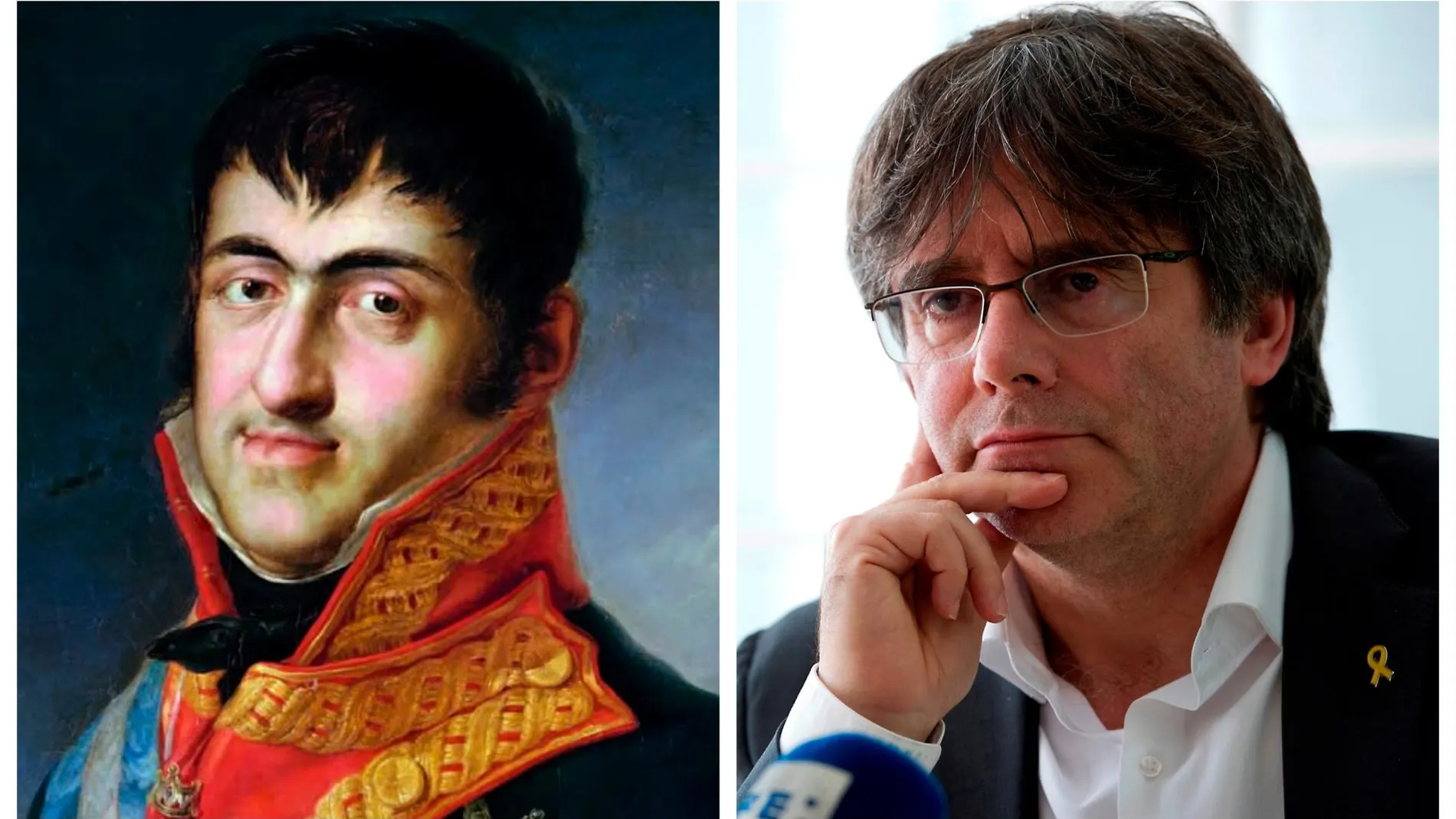 Ala izquierda, retrato de Fernando VII con uniforme de capitán general, por Vicente López. A la drecha, Carles Puigdemont