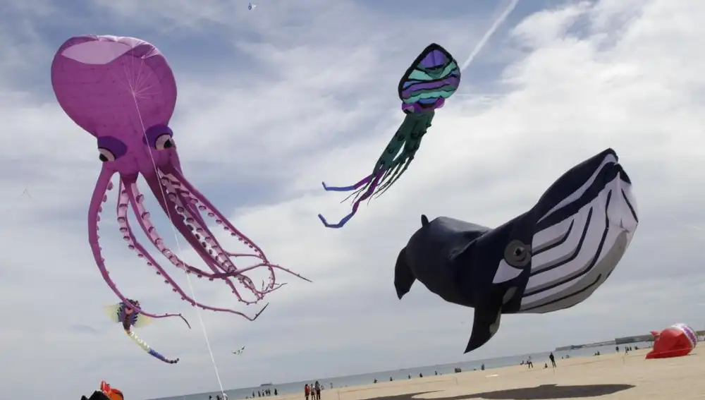 Decenas de cometas, algunas de gran tamaño, en el XVII Festival Internacional de Cometas de Valencia
