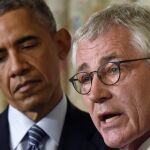 Obama y Hagel durante la conferencia de prensa en la que ha anunciado la renuncia como secretario de Estado de Defensa