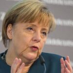 La canciller alemana, Angela Merkel, da un discurso durante su participación en un congreso del diario alemán "Süddeutsche Zeitung"