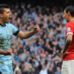Agüero celebra su tanto ante la desesperación de su rival Di Maria.