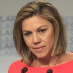 La secretaria general del PP, María Dolores de Cospedal, durante la rueda de prensa que ha ofrecido hoy.