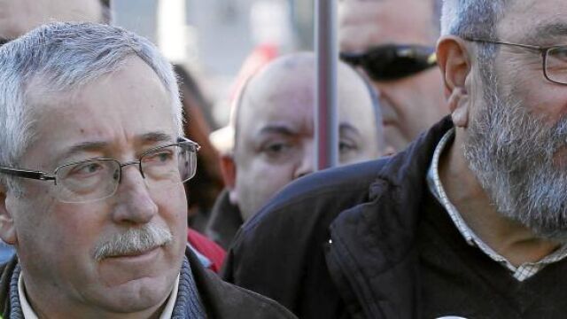 Los líderes sindicales Ignacio Fernández Toxo y Cándido Méndez durante la manifestación de ayer en Madrid