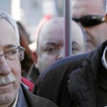 Los líderes sindicales Ignacio Fernández Toxo y Cándido Méndez durante la manifestación de ayer en Madrid