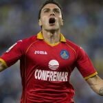 El delantero del Getafe Adrián Colunga celebra tras marcar ante el RCD Espanyol