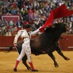 Daniel Luque da un pase de pecho a un Miura en Sevilla