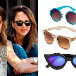 Jessica Alba. A la derecha gafas redondas con montura azul de Topshop (20€), con detalles glitter de Carrera (199€) y divertidas de House of Holland (175,45€).