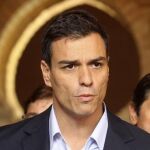 El secretario general del PSOE, Pedro Sánchez, durante la rueda de prensa que ha ofrecido hoy en el Palacio de la Aljaferia de Zaragoza, al término de la reunión del Consejo de Política Federal