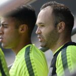 Andres Iniesta y Rafinha, en un entrenamiento