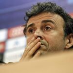 El entrenador del Barcelona, Luis Enrique Martínez, durante la rueda de prensa posterior al entrenamiento de hoy