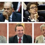 De izquierda a derecha y de arriba a abajo: José Antonio Griñán y Manuel Chaves y los exconsejeros Carmen Martínez Aguayo, Antonio Ávila, José Antonio Viera, Manuel Recio y Francisco Vallejo.