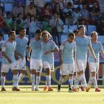Los jugadores del Celta de Vigo celebran el gol de la victoria contra el Espanyol