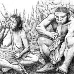 Recreación de dos neandertales ayudándose de la boca para realizar tareas cotidianas.