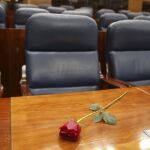 Una rosa en el escaño que ocupaba en la Asamblea de Madrid el secretario de Movimientos Sociales del PSOE, Pedro Zerolo, fallecido el 9 de junio de 2015