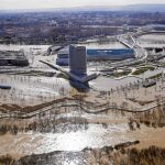 Panorámica tomada desde el helicóptero de la UME en el que viajaba ayer el ministro del Interior, Jorge Fernández Díaz, que sobrevoló las zonas afectadas por las crecidas del río Ebro