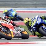 Marc Márquez y Valentino Rossi, durante el GP de las Americas en Austin