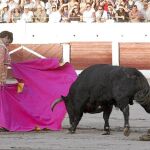 El diestro de Galapagar, que ayer toreó su sexto festejo de la presente temporada, traza un derechazo a pies juntos en el coso de Linares