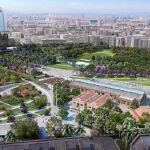 Figuración de parte del Parque Central. El área del sur será la que comience a construirse primero. Bajo, el conseller de Infraestructuras, Mario Flores, la alcaldesa Barberá y la secretaria de Infraestructuras de Fomento, Rodríguez- Piñero.